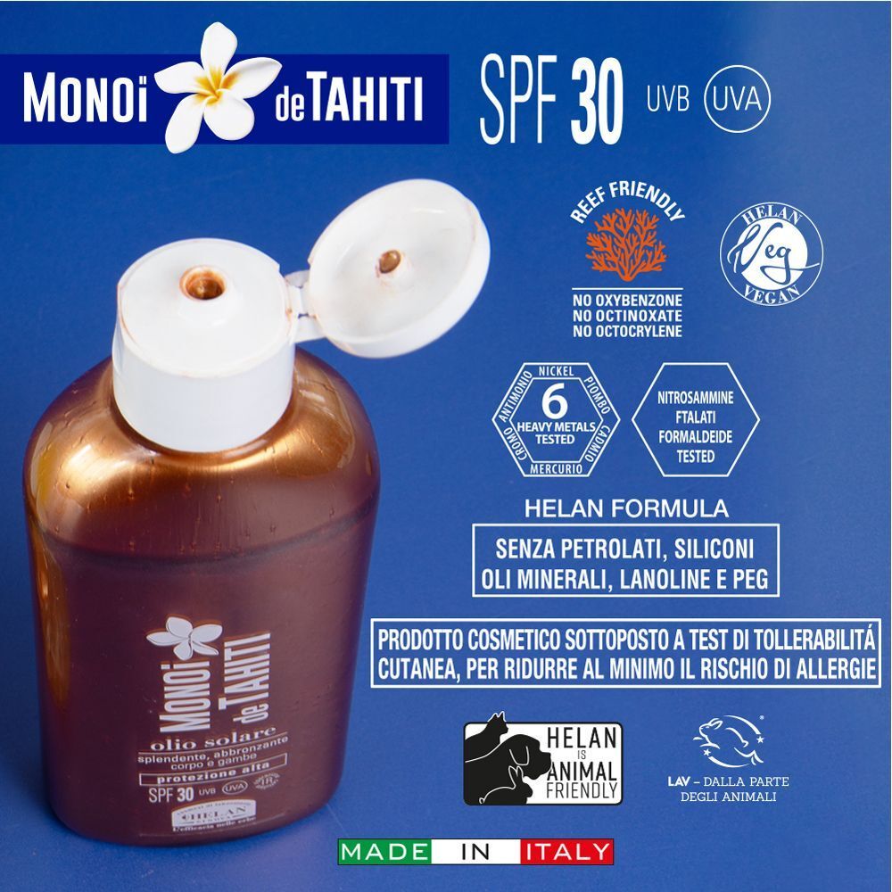 Flacone aperto di Helan Monoi Tahiti Olio Solare SPF 30 con sigilli.