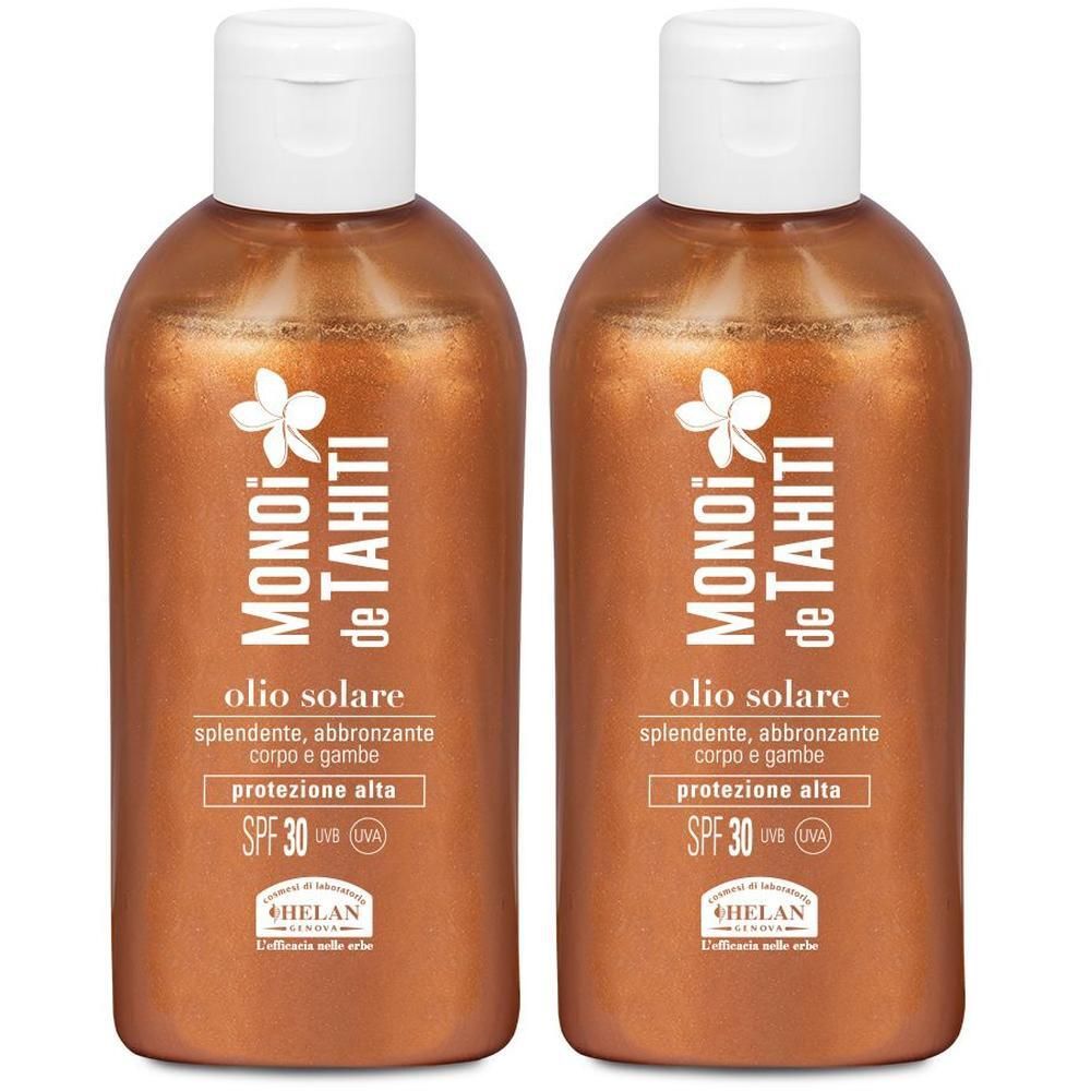 Due flaconi di Olio Solare Helan Monoi Tahiti SPF 30+ dalla texture scintillante.