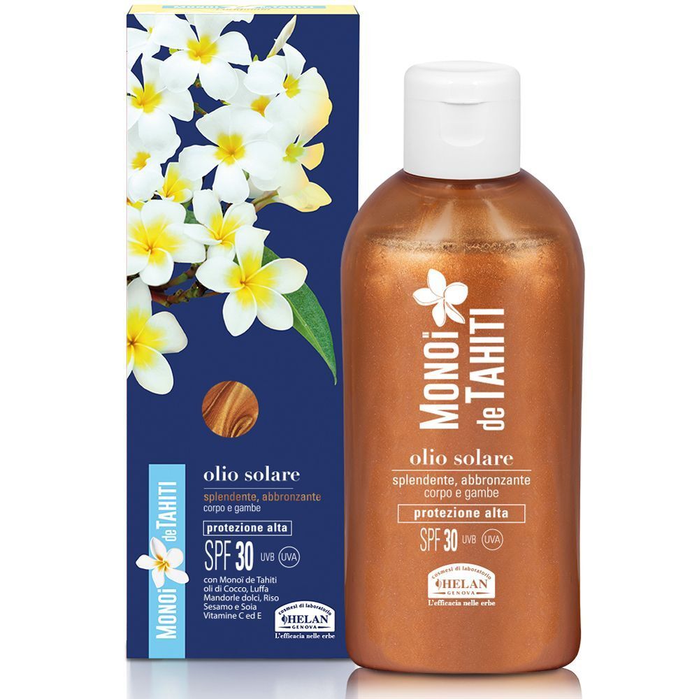 Flacone e confezione di Olio Solare Helan Monoi Tahiti SPF 30+ con motivo floreale.