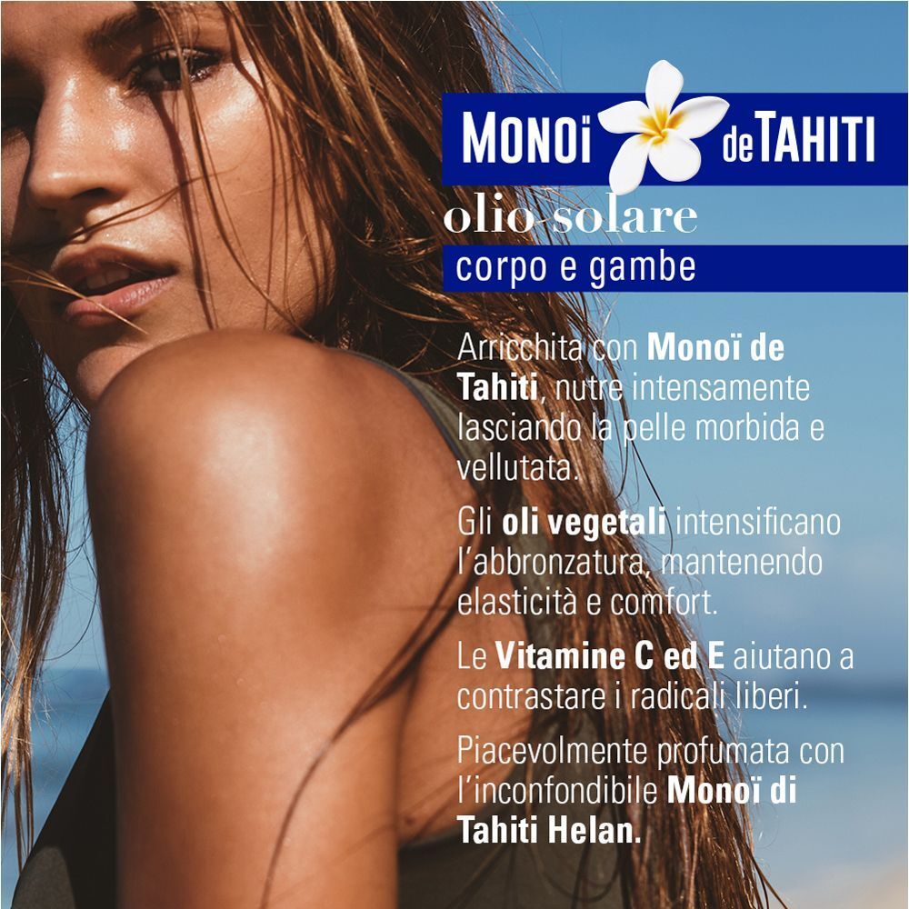 Primo piano di una donna con Olio Solare Helan Monoi Tahiti SPF 30+ e informazioni sul prodotto.