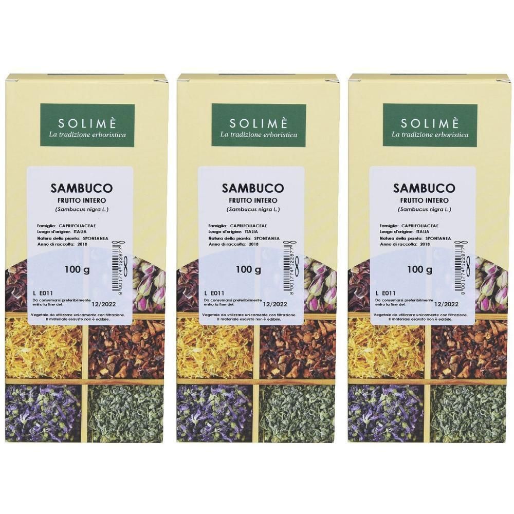 Tre confezioni di Sambuco Frutto Intero Solimè da 100g. La confezione mostra erbe essiccate.