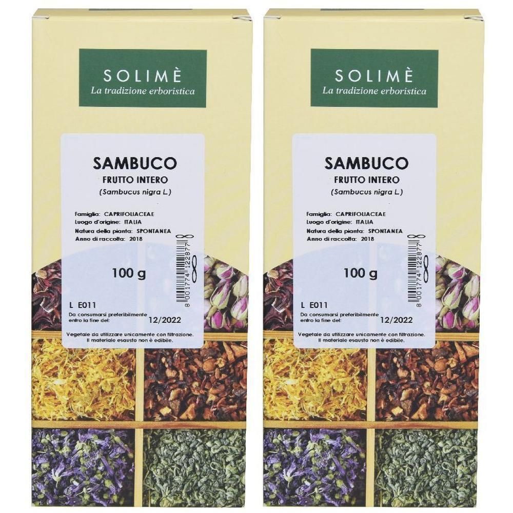 Due confezioni Solimè Sambuco Frutto Intero, 100g ciascuna. Con illustrazioni di erbe.
