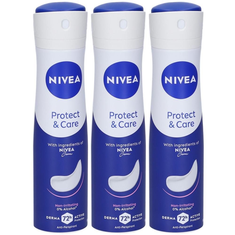 Tre deodoranti spray NIVEA Protect & Care con protezione 72h. Lattine blu e bianche.