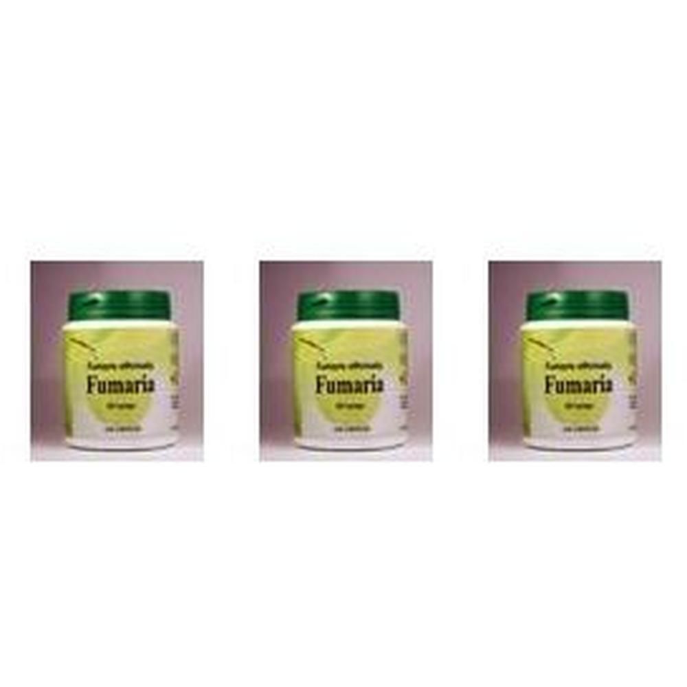 Tre contenitori di capsule Fumaria, ciascuno con tappo verde ed etichetta gialla.