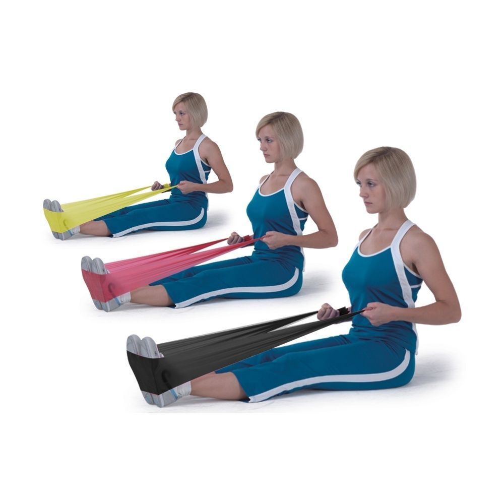 Elastici fitness GIMA confezionati in nero, blu, rosso e verde con etichetta.