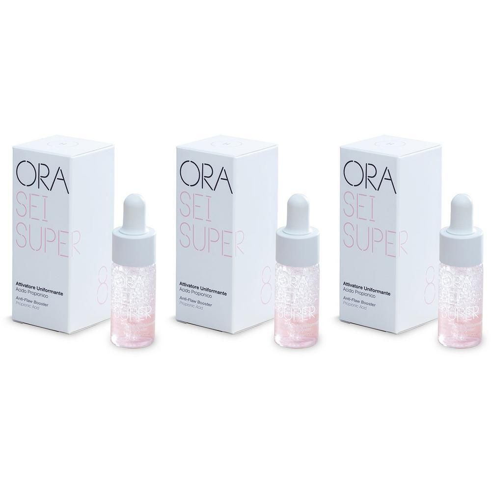 Tre flaconcini ORA SEI SUPER Booster con contagocce e confezione.