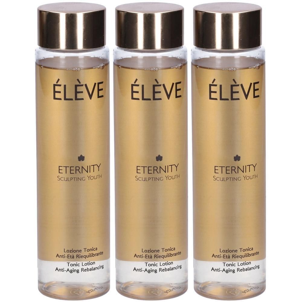 Tre flaconi di lozione tonica Élève Eternity Sculpting Youth con etichetta dorata e tappo argentato.