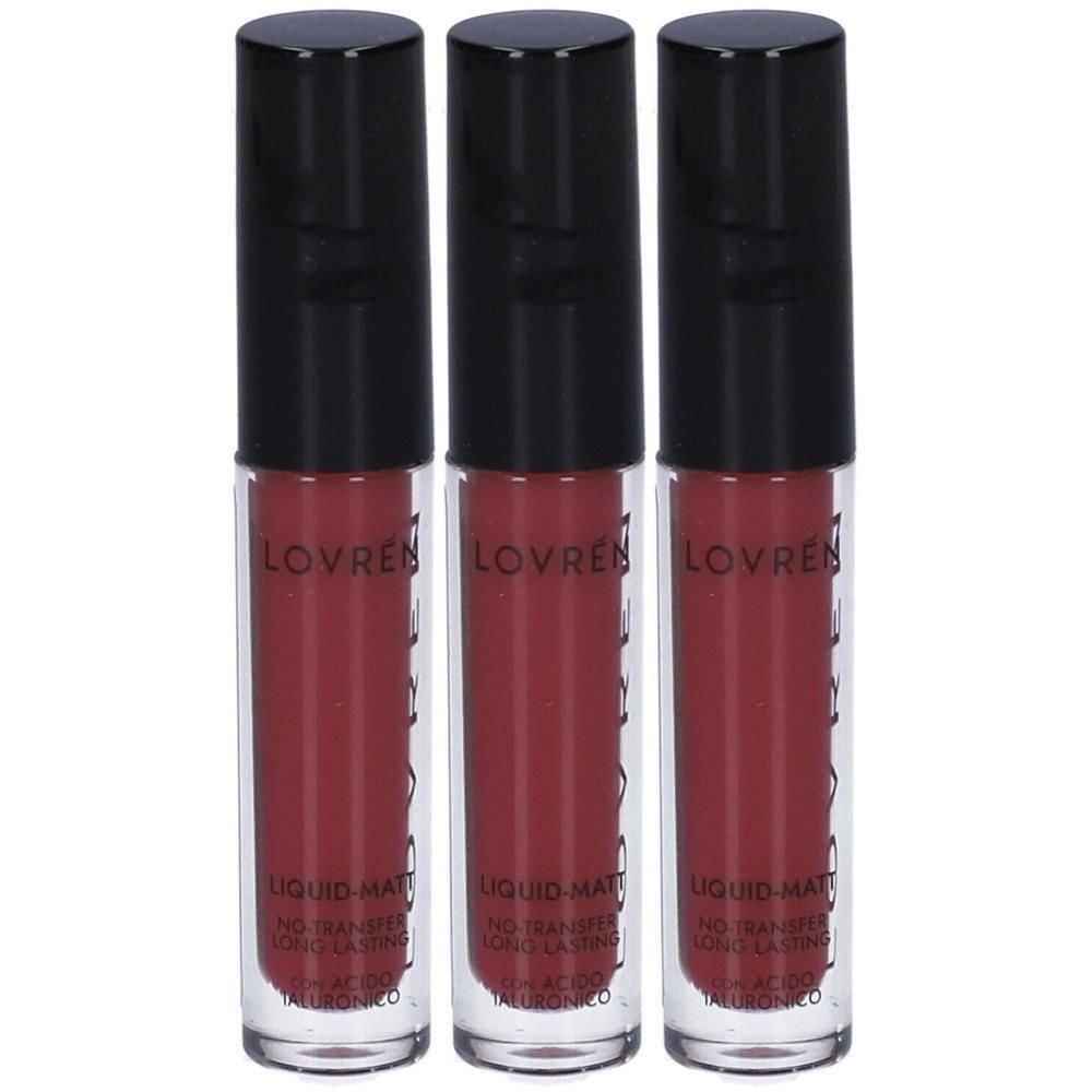 Tre rossetti Lovren Liquid-Matte rossi con tappi neri.