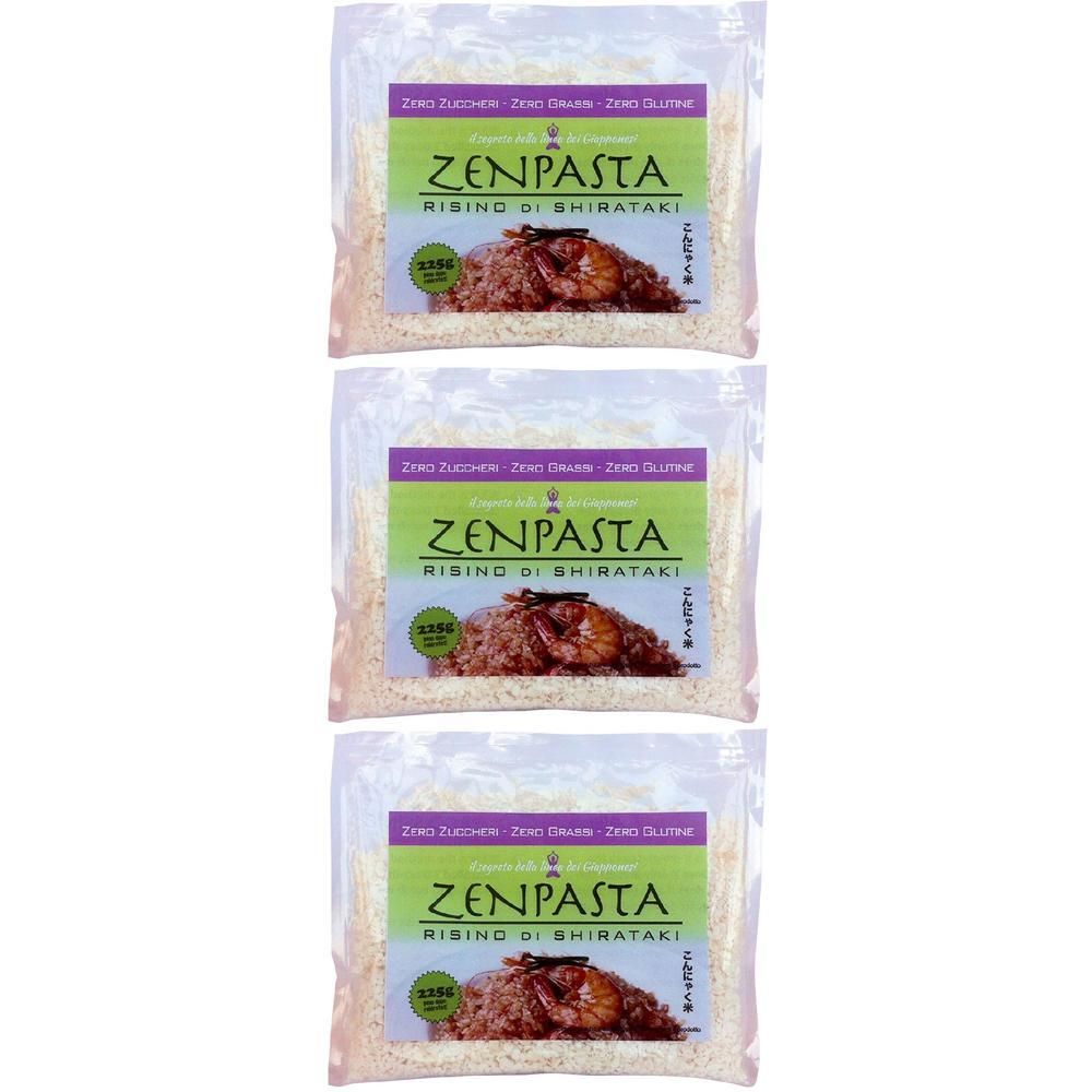 Tre confezioni di Zenpasta Risotto di Shirataki, riempite di riso.