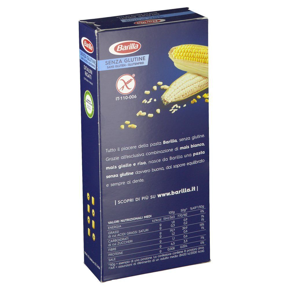 Retro della confezione di pasta Barilla Senza Glutine Ditalini Rigati con informazioni nutrizionali. Senza glutine.