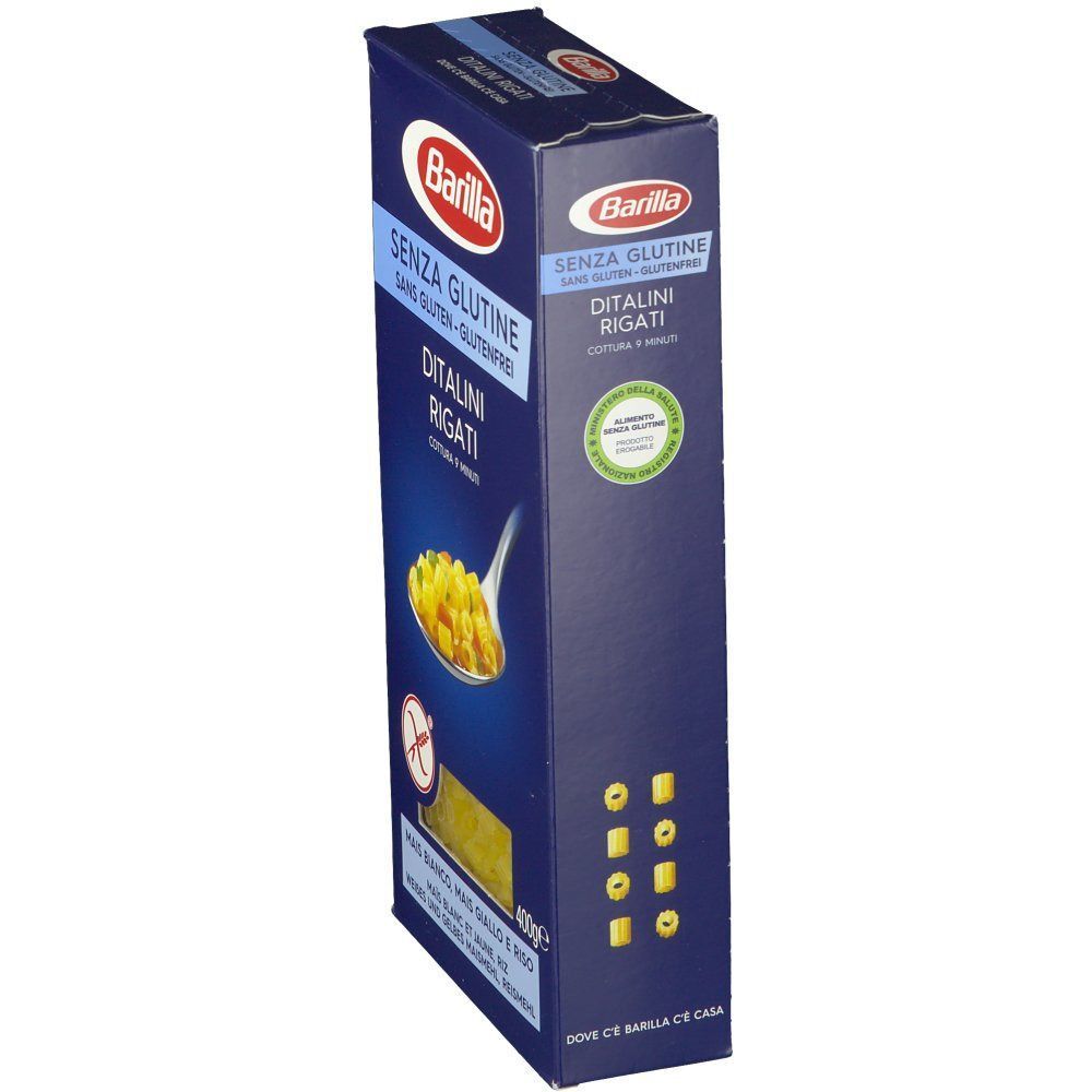 Una confezione di pasta Barilla Senza Glutine Ditalini Rigati, 400g, vista laterale.
