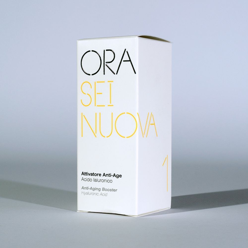 Flacone ORA SEI NUOVA Booster Bifase Antiage con contagocce e confezione.