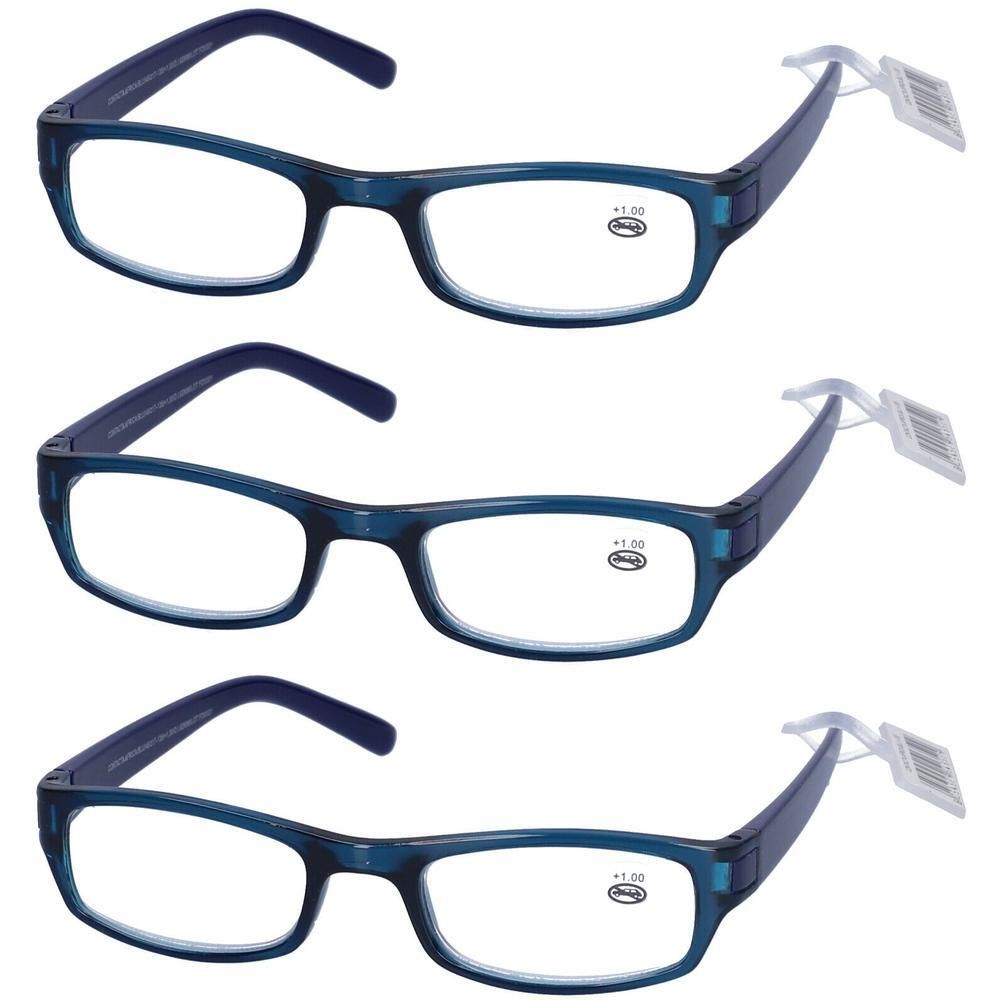 Tre occhiali da lettura blu con lenti rettangolari e aste più scure. Ogni occhiale ha una gradazione di +1,00.