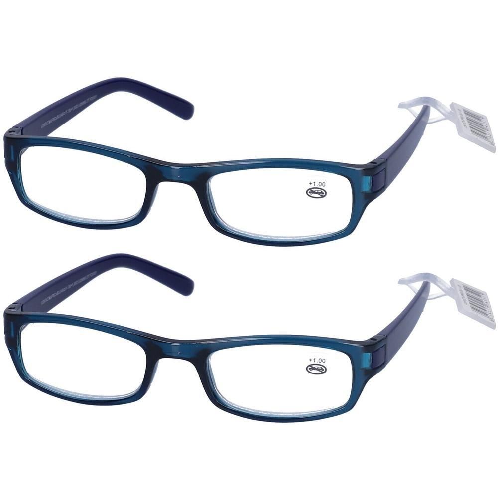 Due occhiali da lettura blu con +1,00 diottria e aste più scure.