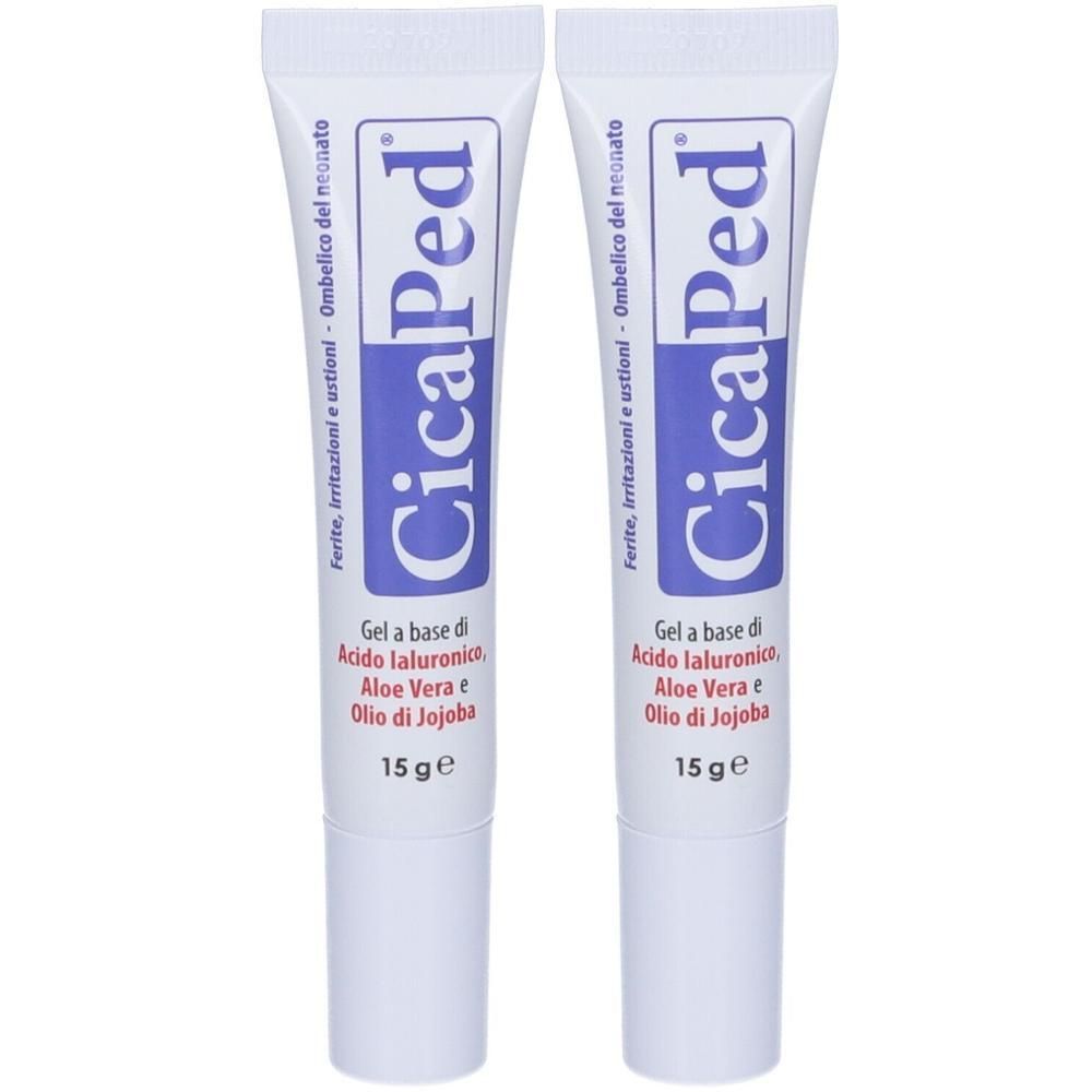 Due tubi di gel CicaPed, 15 g ciascuno. Contiene acido ialuronico, aloe vera e olio di jojoba.