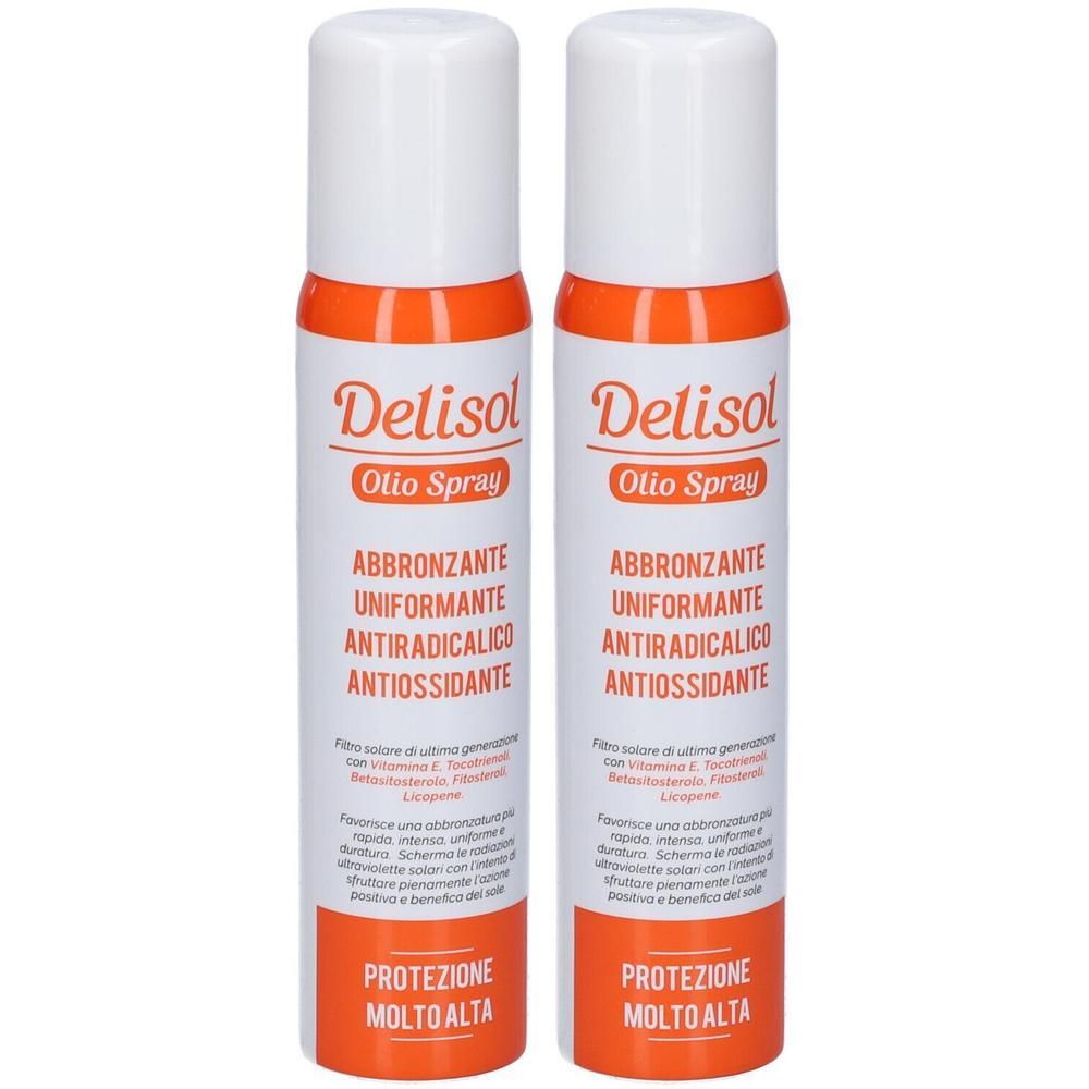 Due bombolette spray di olio solare, etichette arancioni e bianche con testo italiano.