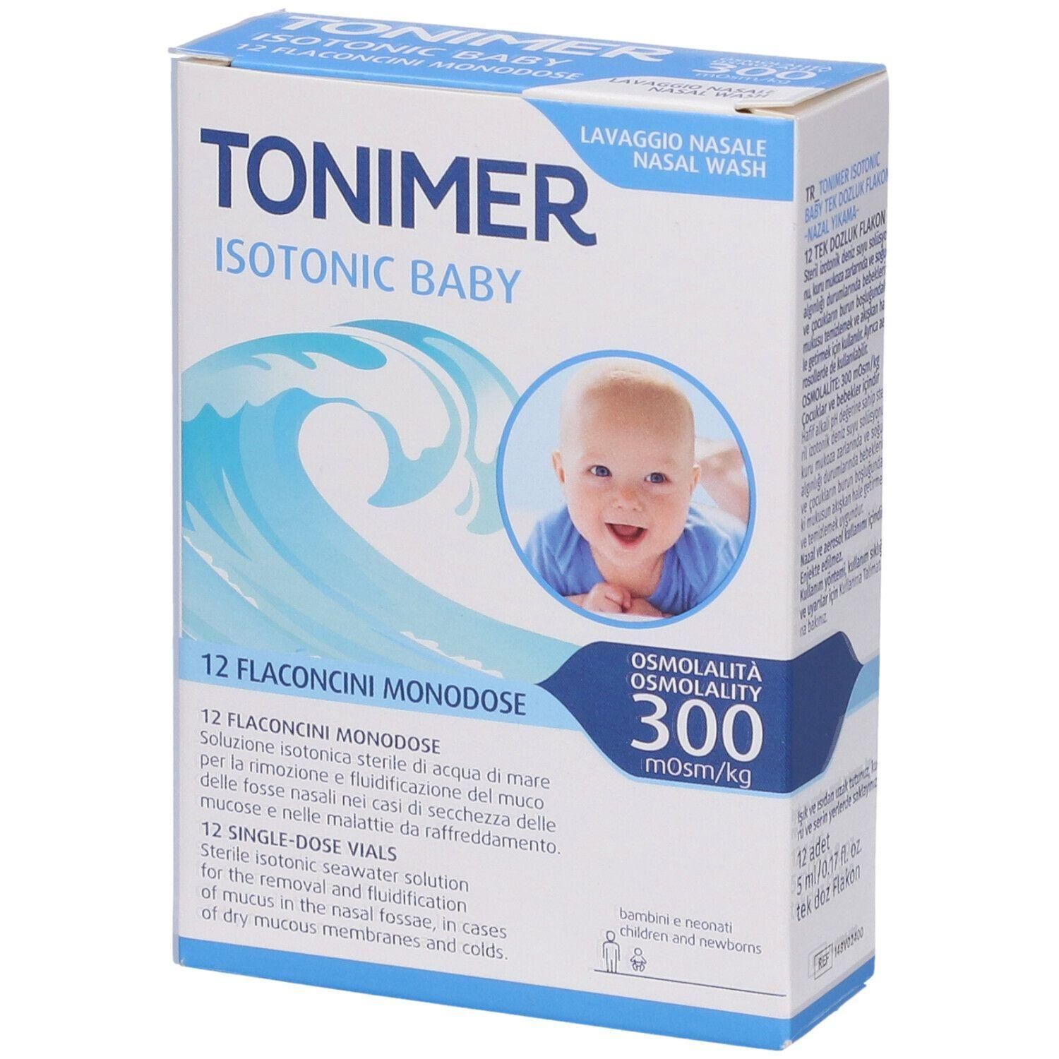 Confezione da 12 flaconcini monodose per neonati, soluzione salina isotonica per lavaggio nasale.