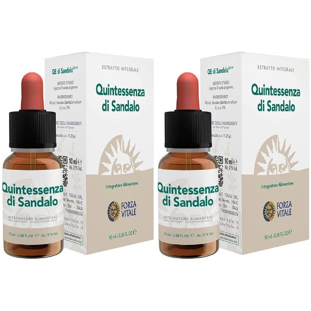 Due flaconi di Quintessenza di Sandalo con contagocce e scatola. Flaconi in vetro marrone con etichetta.