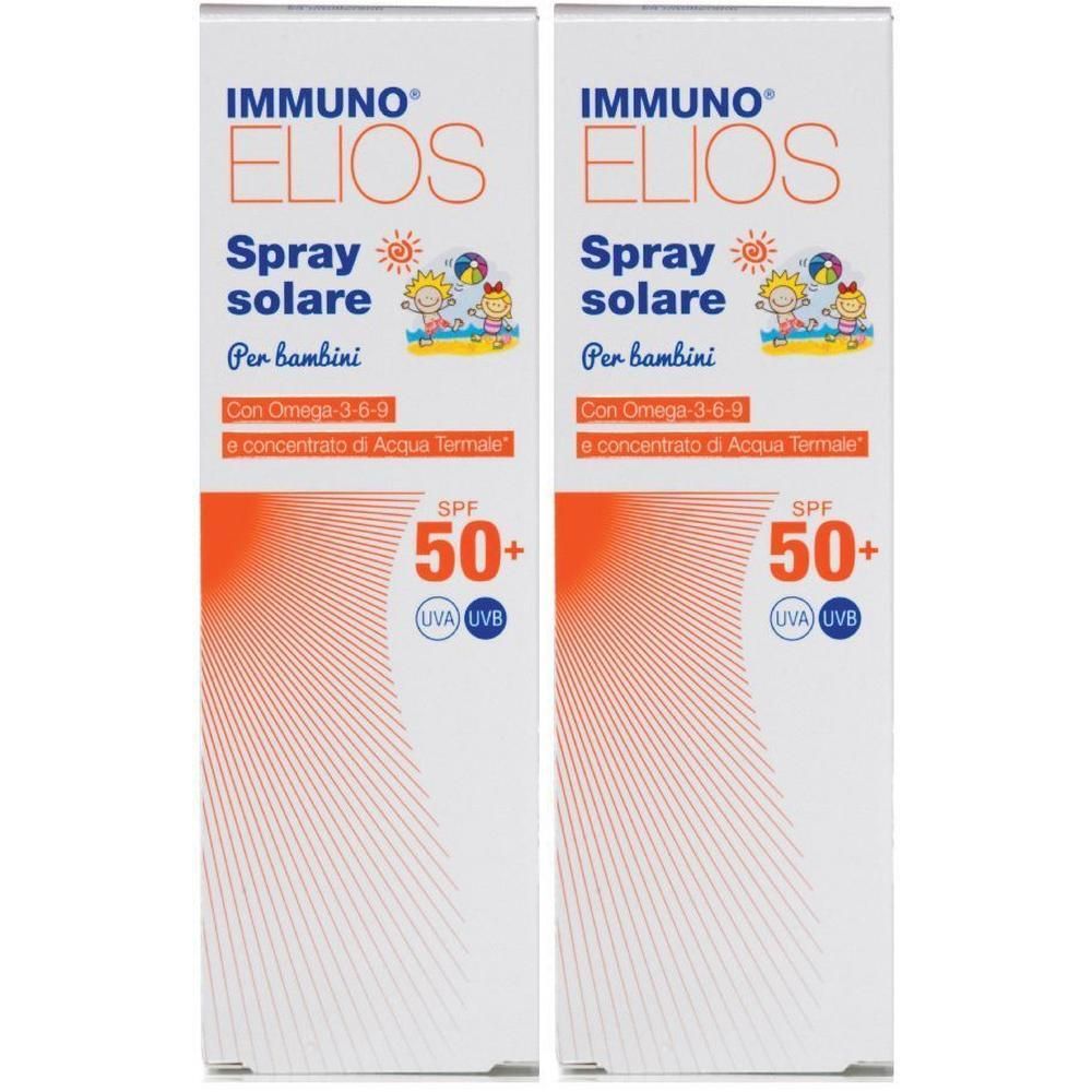Due confezioni di spray solare Immuno Elios per bambini, SPF 50+. Con Omega 3-6-9 e acqua termale.