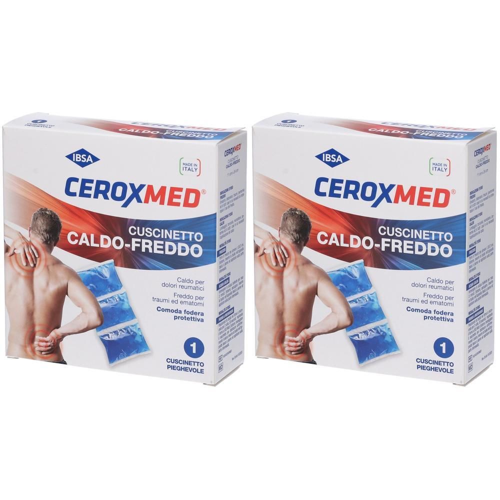 Due confezioni di Ceroxmed Cuscino Caldo/Freddo. Cuscini blu con perle di gel, in busta protettiva.