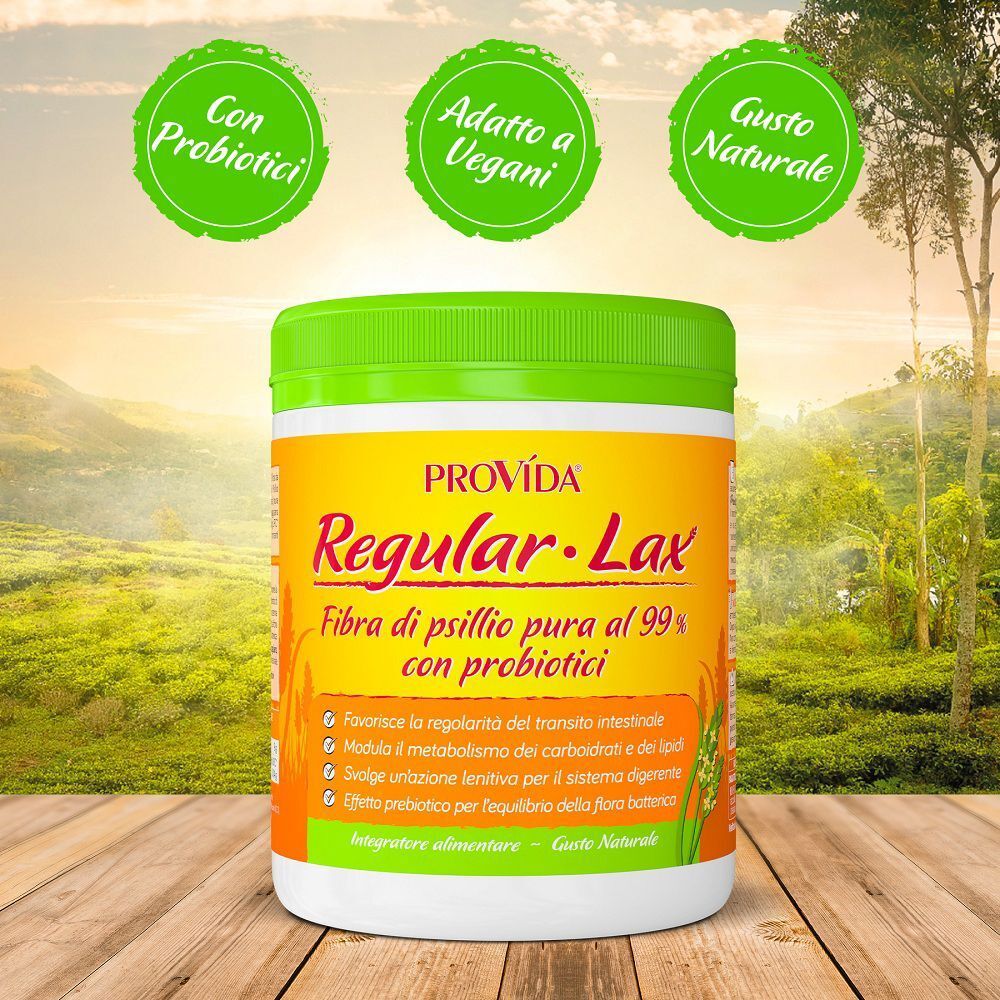 Un barattolo di Provida Regular-Lax all'aperto, con tre cerchi che indicano probiotici, vegano e gusto naturale.