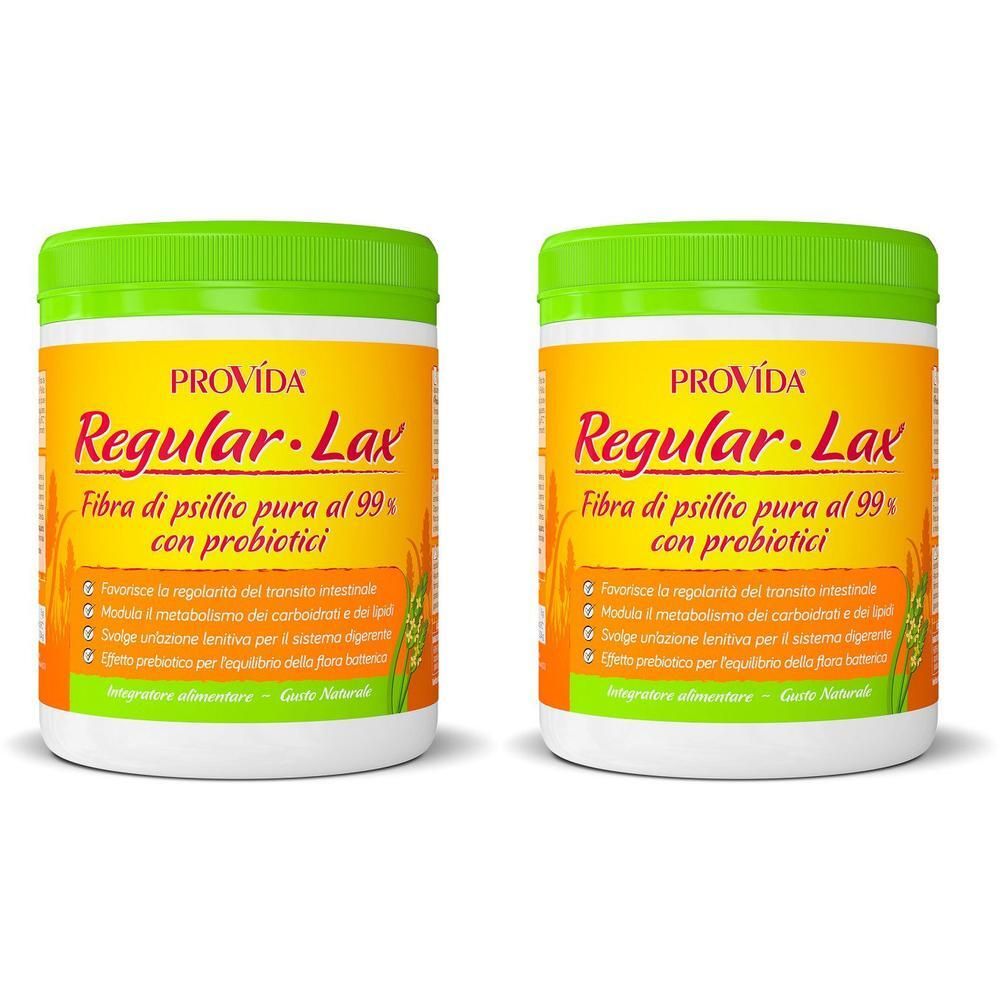 Due barattoli di Provida Regular-Lax con fibra di psillio e probiotici.