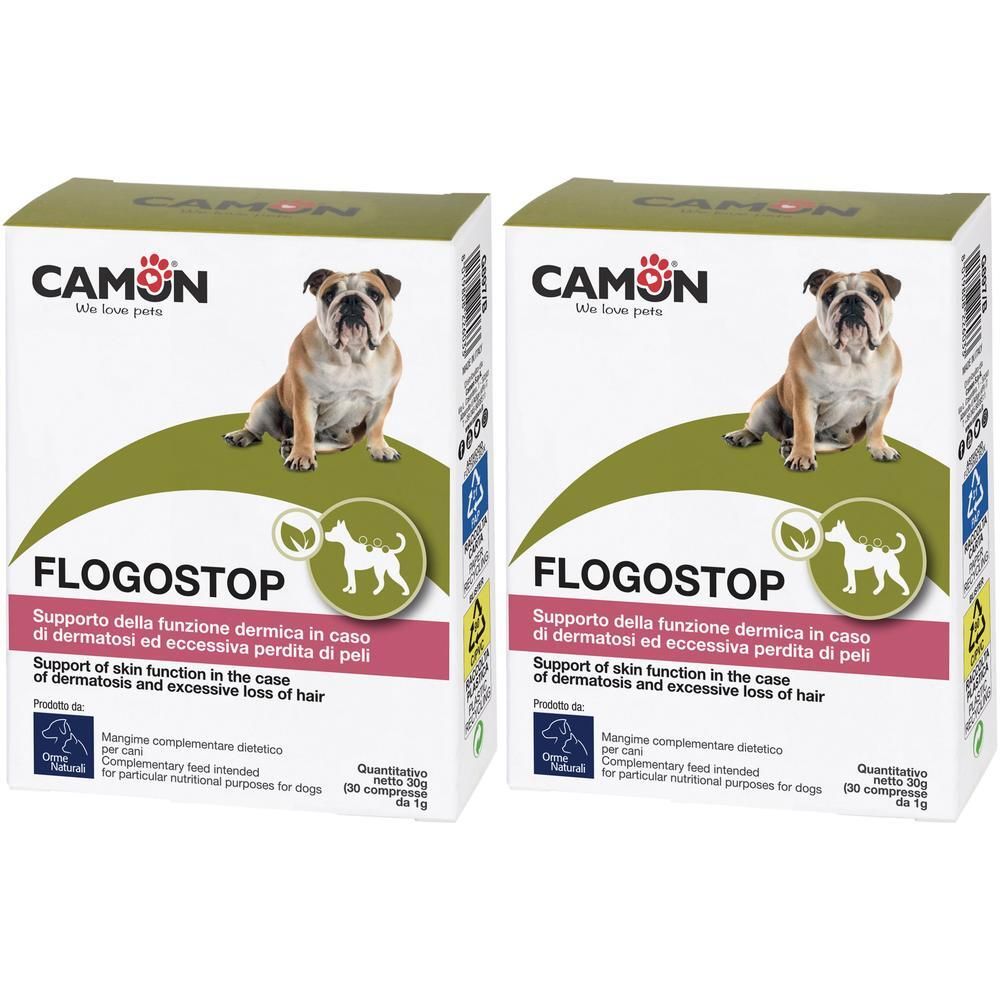 Due scatole Camon Flogostop per cani con illustrazione di bulldog.