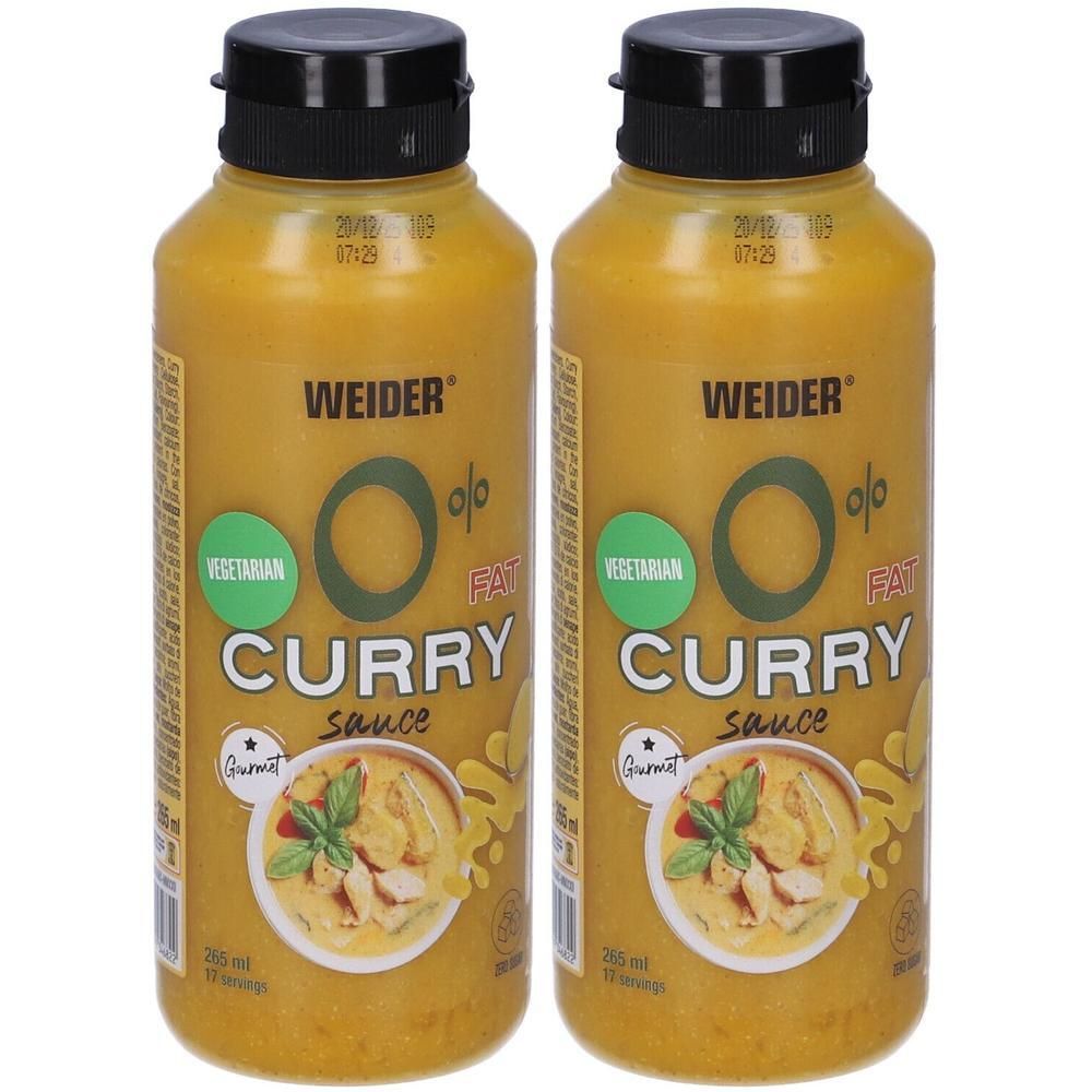 Due bottiglie di salsa al curry Weider 0%. Salsa gialla con immagine di una ciotola di curry.