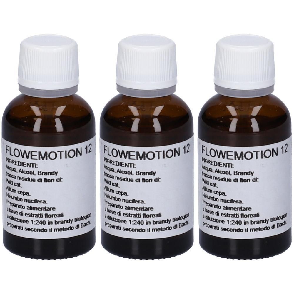 Tre flaconi in vetro marrone con tappi bianchi, contenenti un liquido. Le etichette riportano 'Flowemotion 12'.