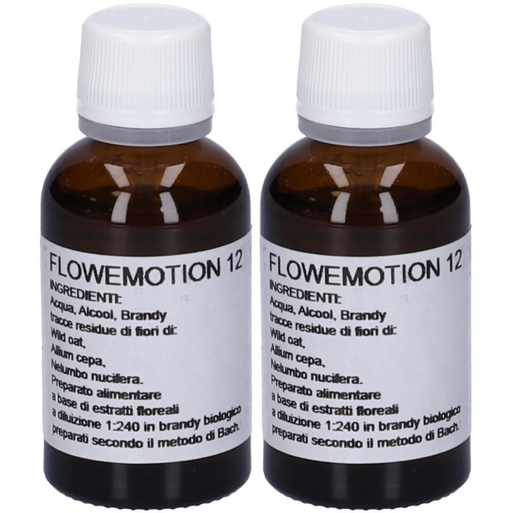 Due flaconi in vetro ambrato con tappi bianchi, contenenti un liquido. Le etichette riportano 'Flowemotion 12'.