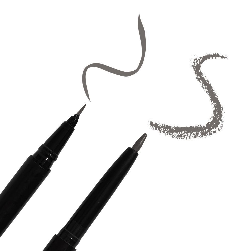 Due eyeliner neri con punte sottili che tracciano linee grigie su sfondo bianco.
