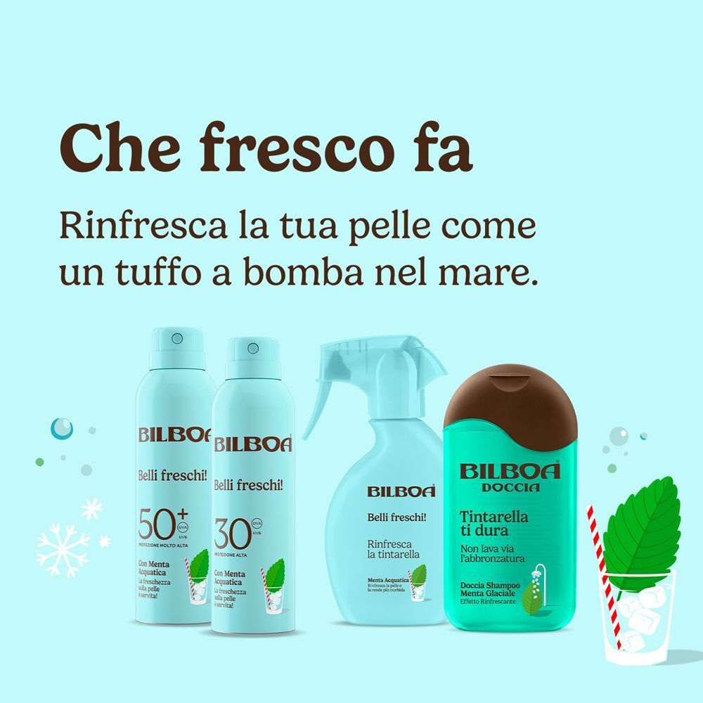 Spray solari e bagnoschiuma Bilboa Belli Freschi. Rinfresca la pelle come un tuffo.