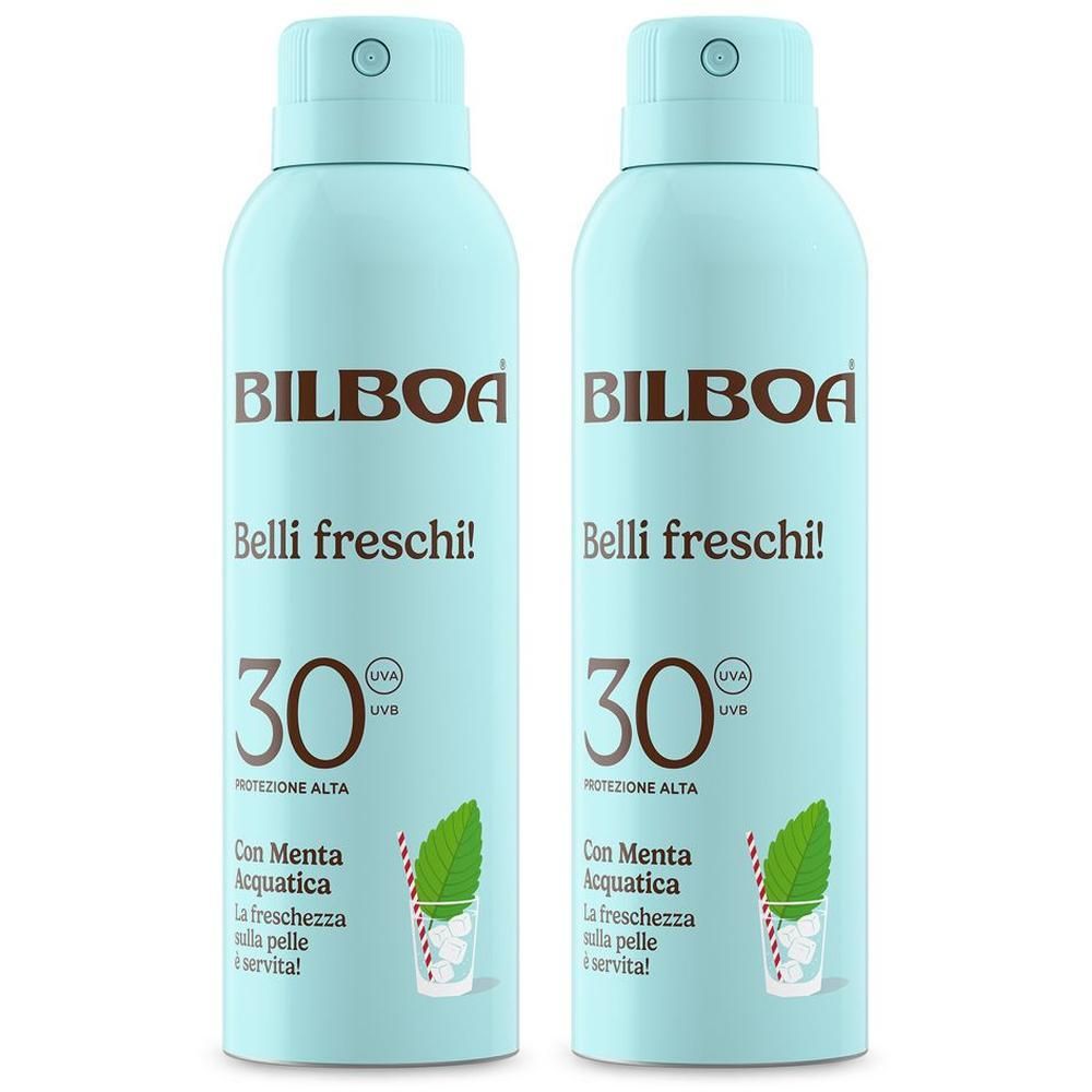 Due flaconi spray Bilboa Belli Freschi SPF 30 con menta.