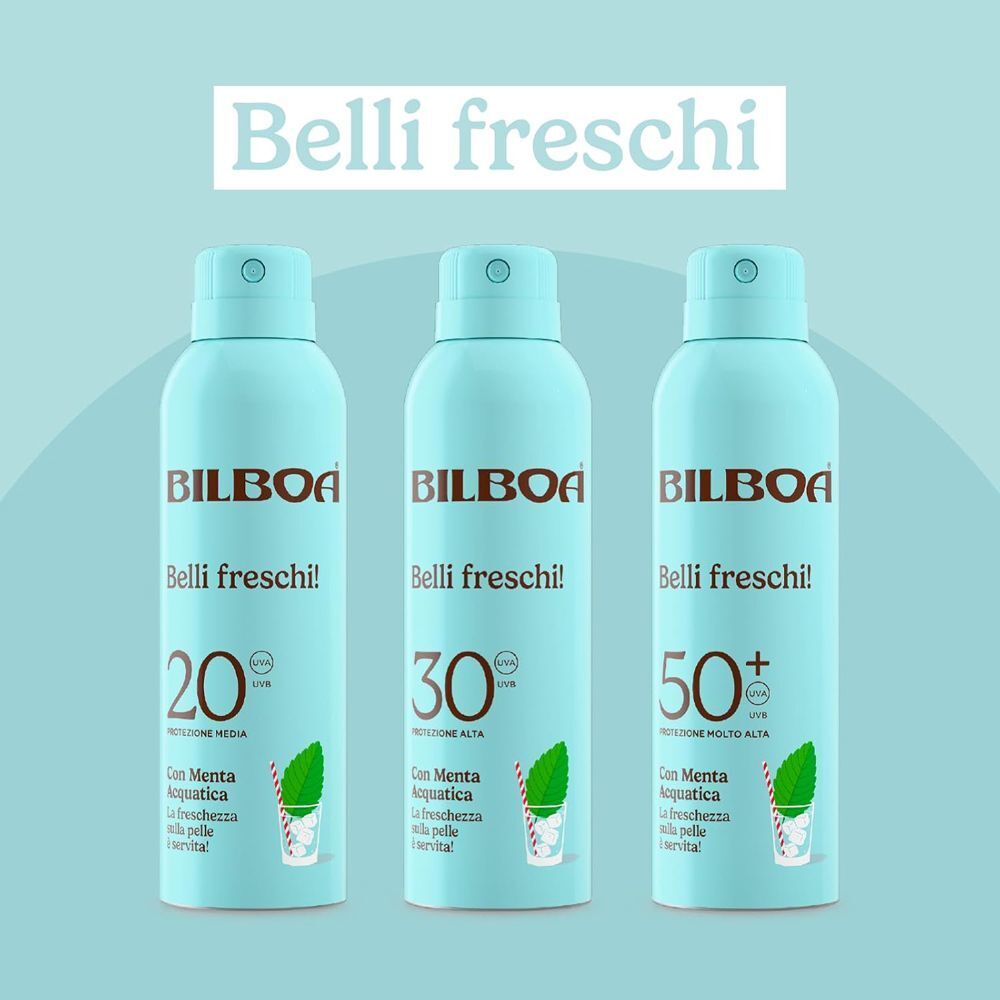 Tre flaconi spray Bilboa Belli Freschi con SPF 20, 30 e 50+.