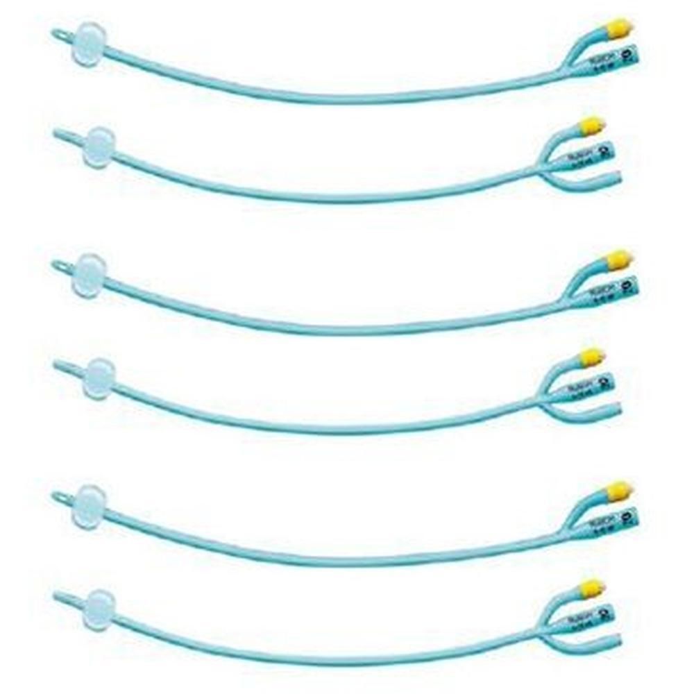 Sei cateteri Foley in silicone blu a due vie con connettori gialli.