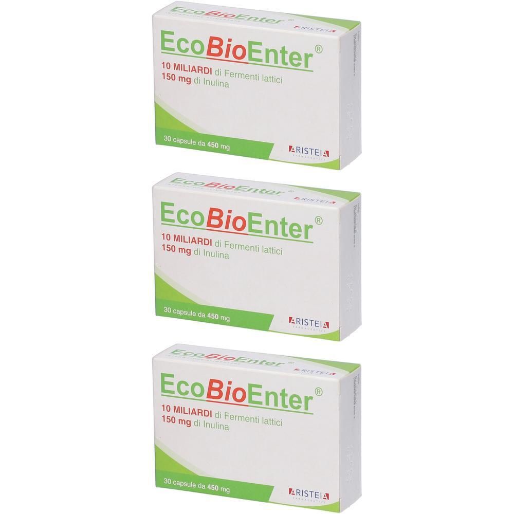 Tre confezioni di capsule EcoBioEnter con 10 miliardi di fermenti lattici e 150 mg di inulina.