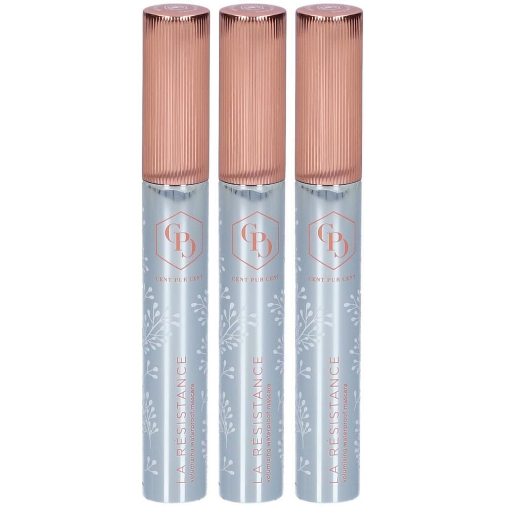 Tre flaconi di mascara con corpo azzurro, motivo bianco e tappo color oro rosa.