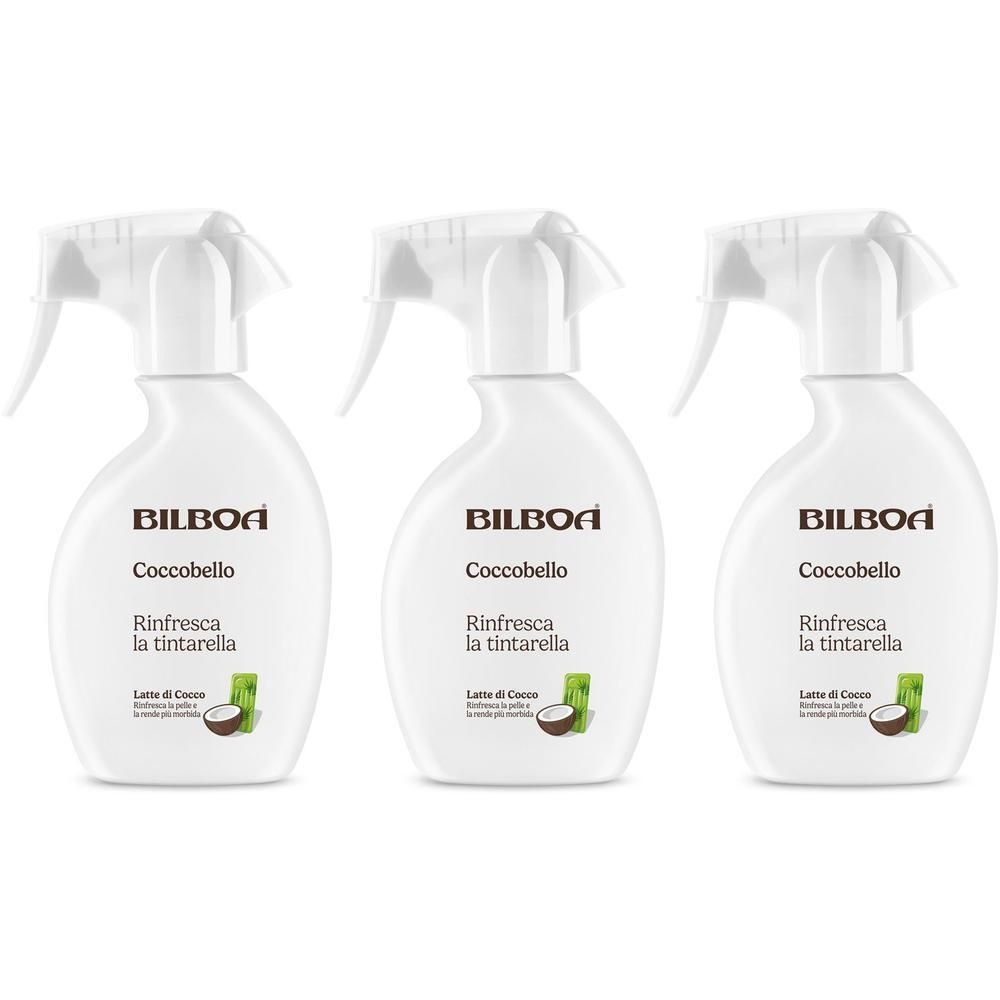 Tre flaconi spray bianchi Bilboa Coccobello con olio di cocco.
