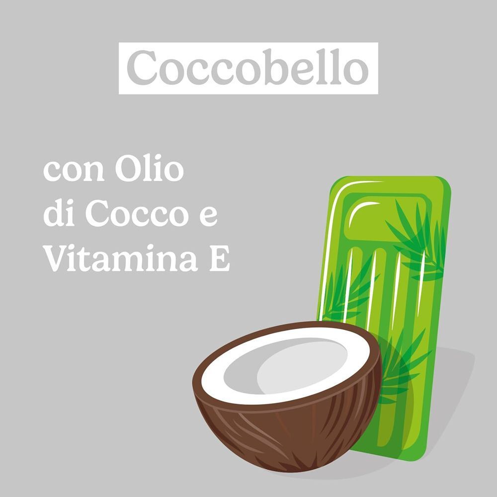 Mezzo cocco e materassino gonfiabile, simboli per Coccobello con olio di cocco e vitamina E.