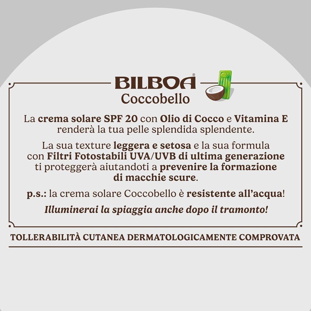 Descrizione prodotto crema solare Bilboa Coccobello con olio di cocco e vitamina E, resistente all'acqua.