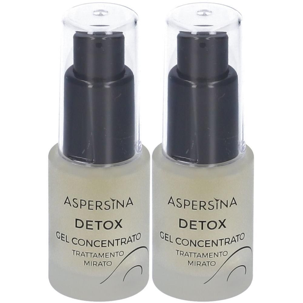 Due flaconi di Aspersina Detox Gel Concentrato con dispenser a pompa e tappi trasparenti.