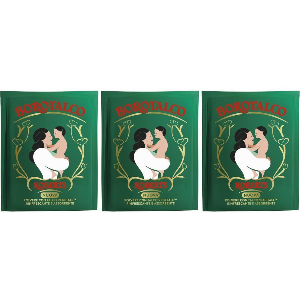 Tre buste di Borotalco Talco Vegetale con motivo madre-bambino.
