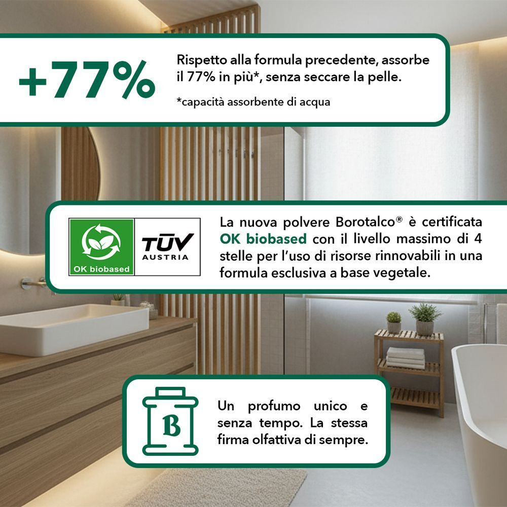 Borotalco Talco Vegetale Busta: 77% in più di assorbenza, certificato OK biobased.