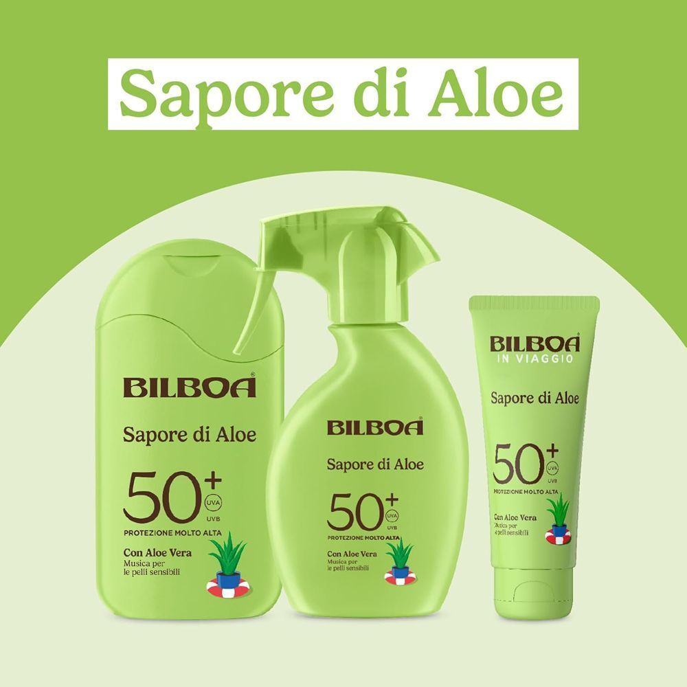 Tre prodotti della linea 'Sapore di Aloe' di Bilboa: flacone, flacone spray e tubetto.