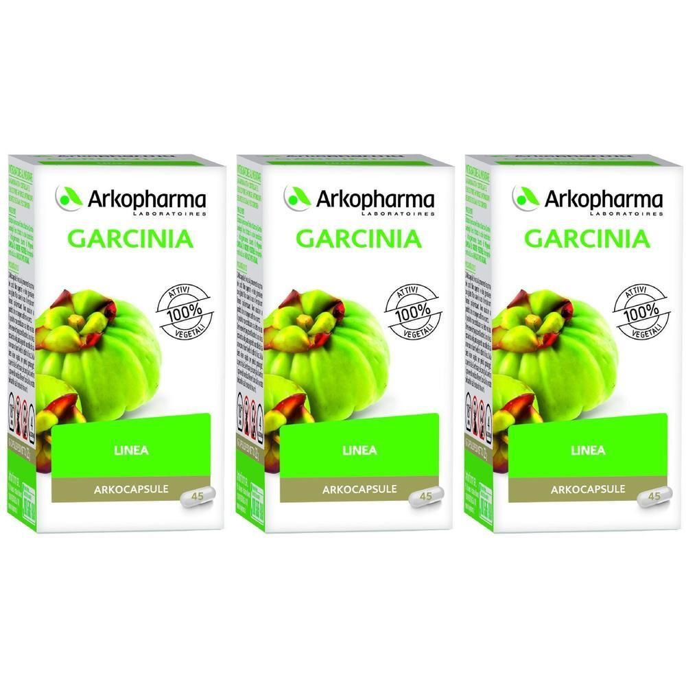 Tre confezioni Arkopharma Garcinia Linea con immagine di frutto Garcinia e simbolo di capsula.