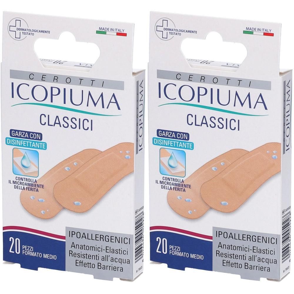 Due confezioni di Cerotto Icopiuma Classico Medio, 20 pezzi per confezione. Ipoallergenici, anatomici, elastici, resistenti all'acqua.