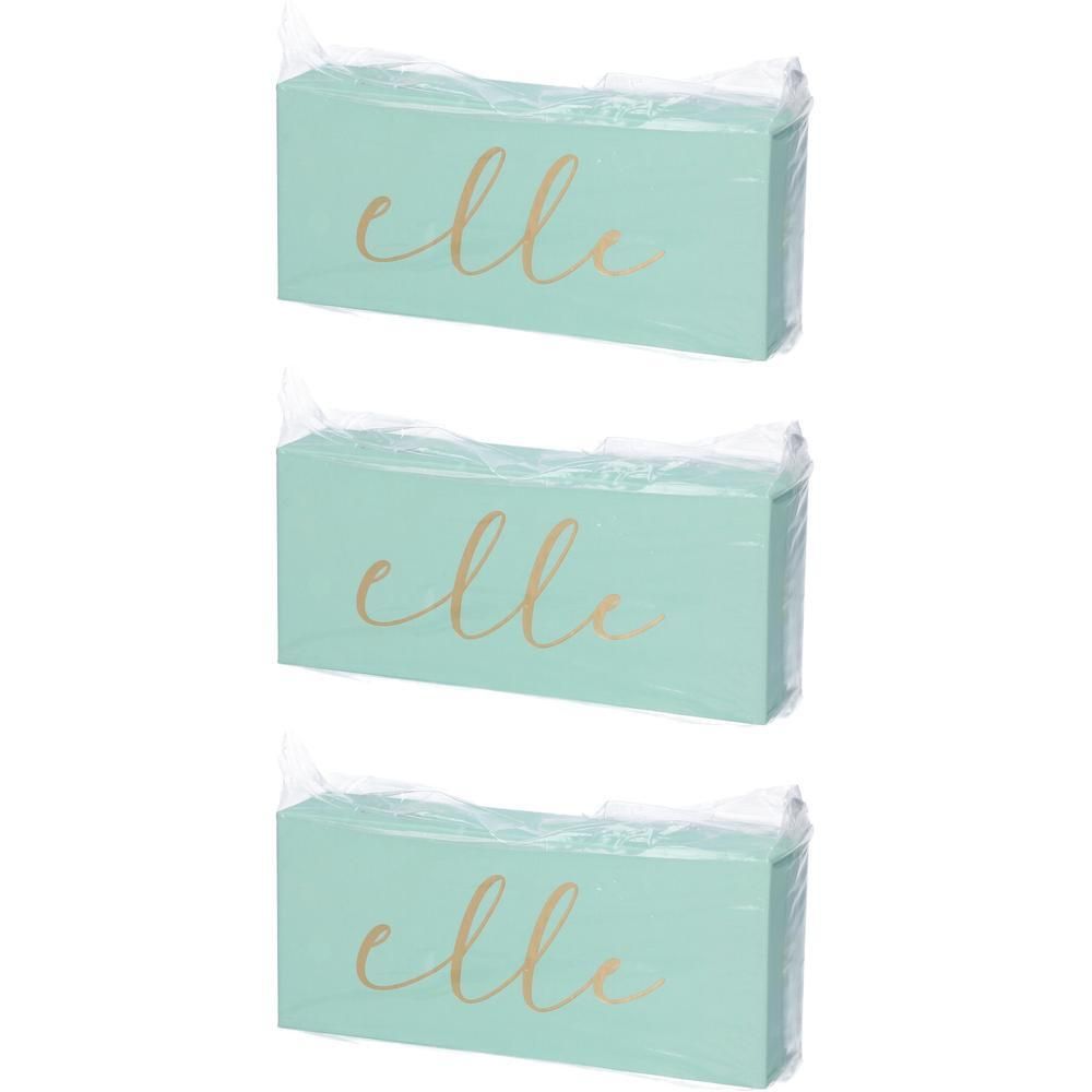 Tre scatole verde menta con scritta dorata "elle", confezionate singolarmente in plastica.