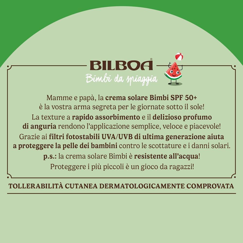Informazioni sulla crema solare per bambini SPF 50+: protezione, texture e resistenza all'acqua.