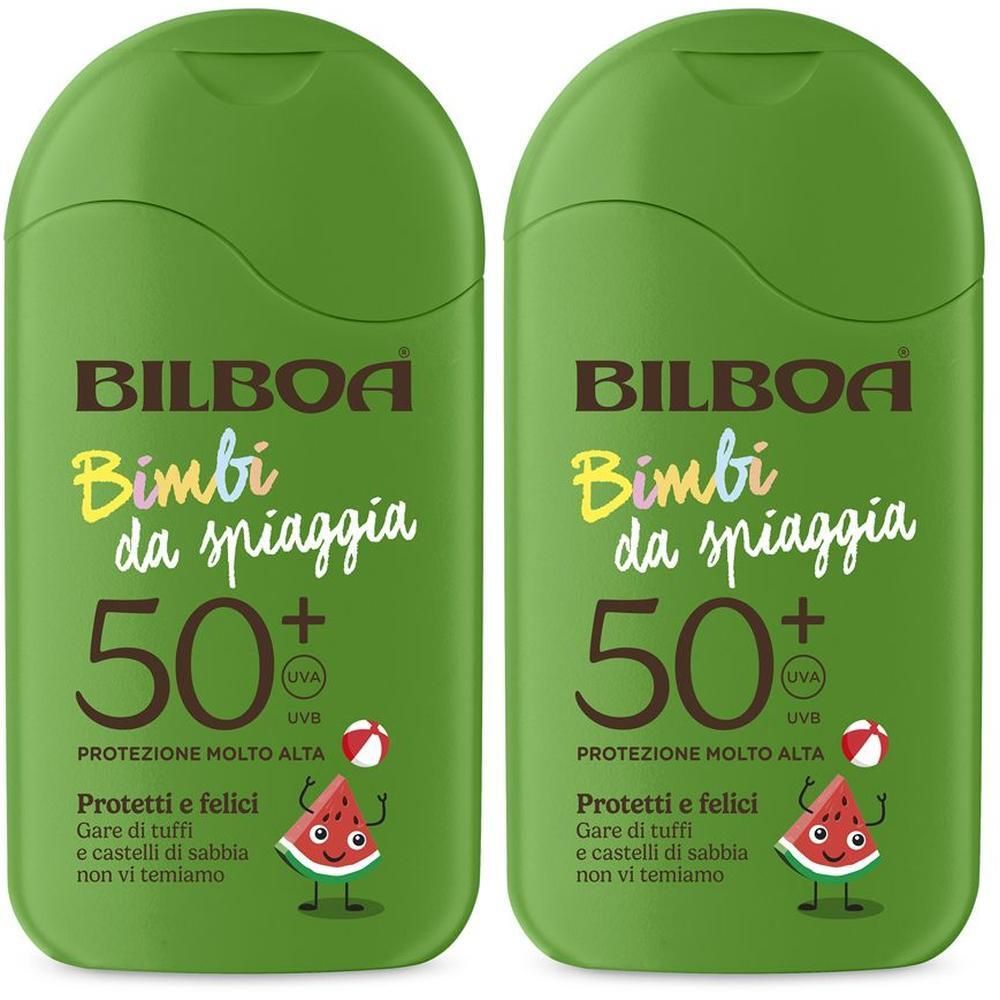 Due flaconi verdi di crema solare Bilboa Bimbi da Spiaggia SPF 50+ per bambini.