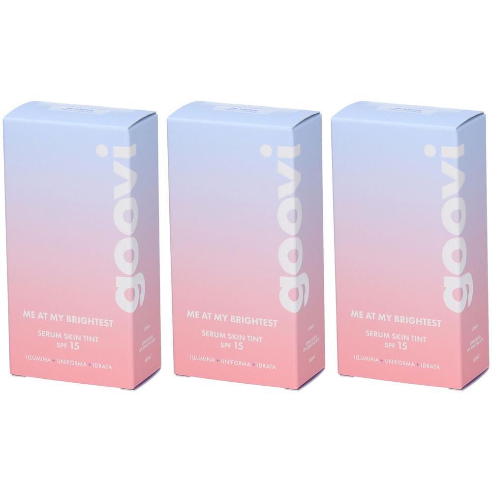 Tre scatole di Goovi Me At My Brightest Serum Skin Tint SPF 15.